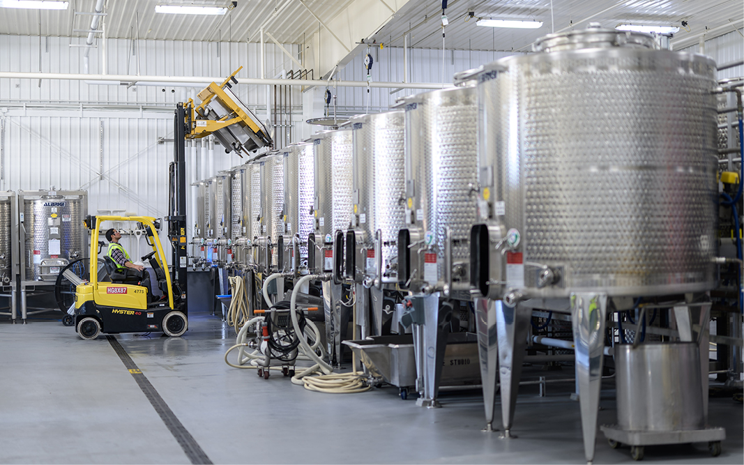 Color image of steel holding tanks at the Winemakers Studio at Trinchero Family Wine & Spirits.