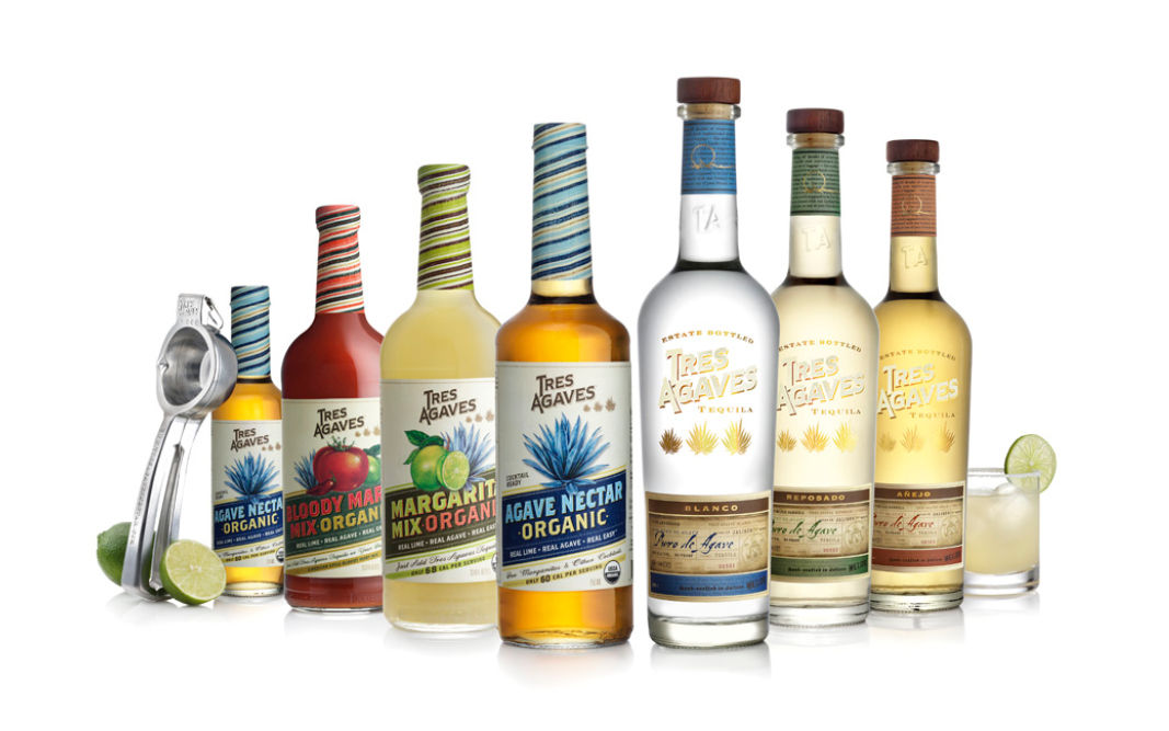 Color image of bottle lineup of Tres Agaves Tequilas and Mixers.