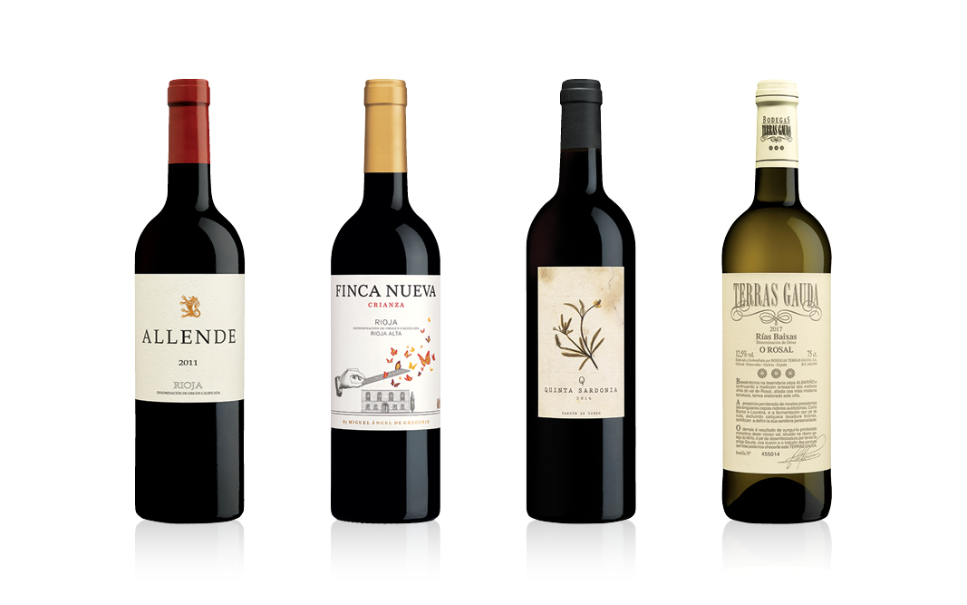 Color image of 4 bottles of Spanish wine in order of Finca Allende, Finca Nueva, Quinta Sardonia, and Terras Gauda.