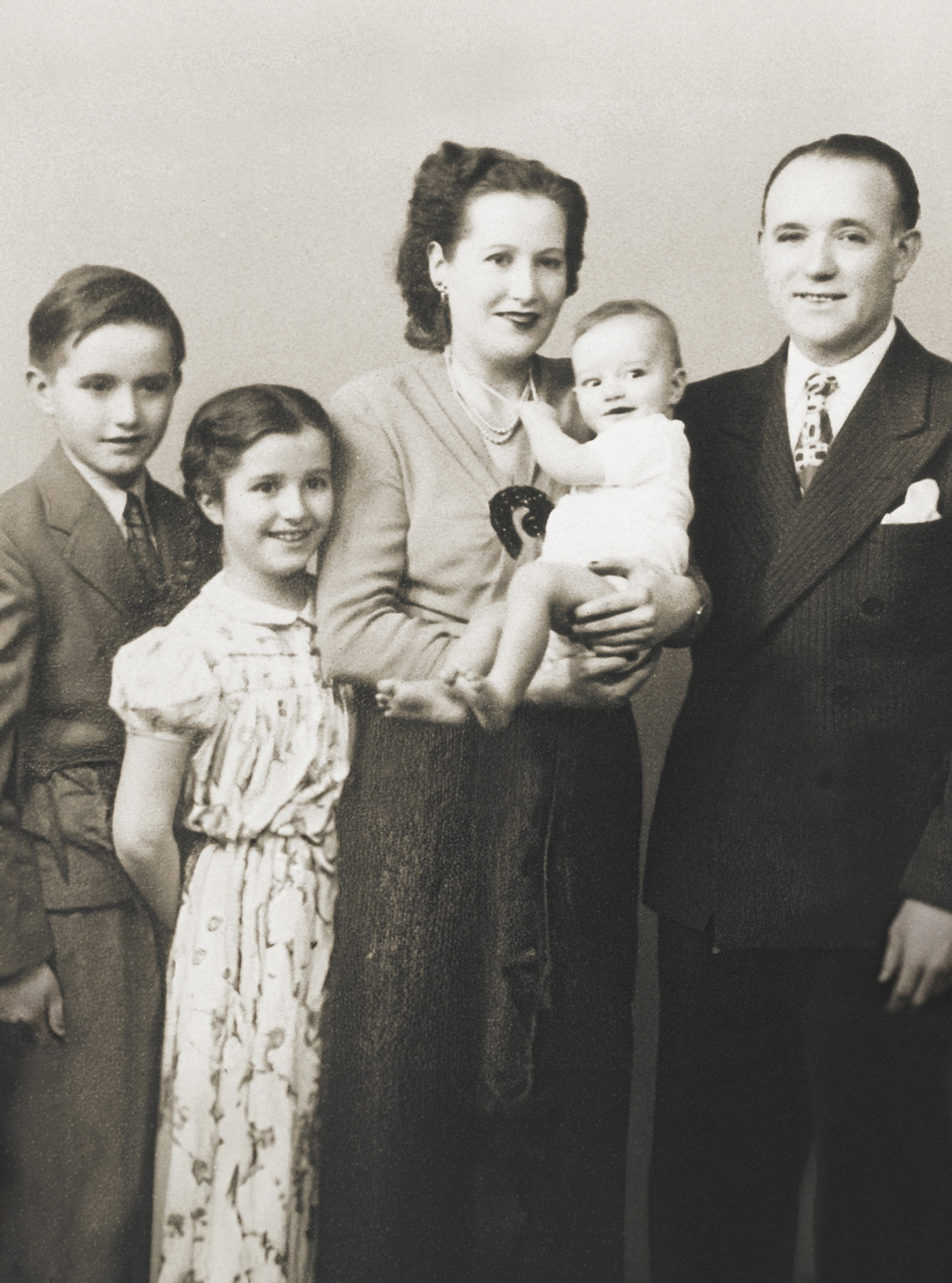 Sepia image of Mario and Mary Trinchero with their young children Bob, Vera, and Roger Trinchero.