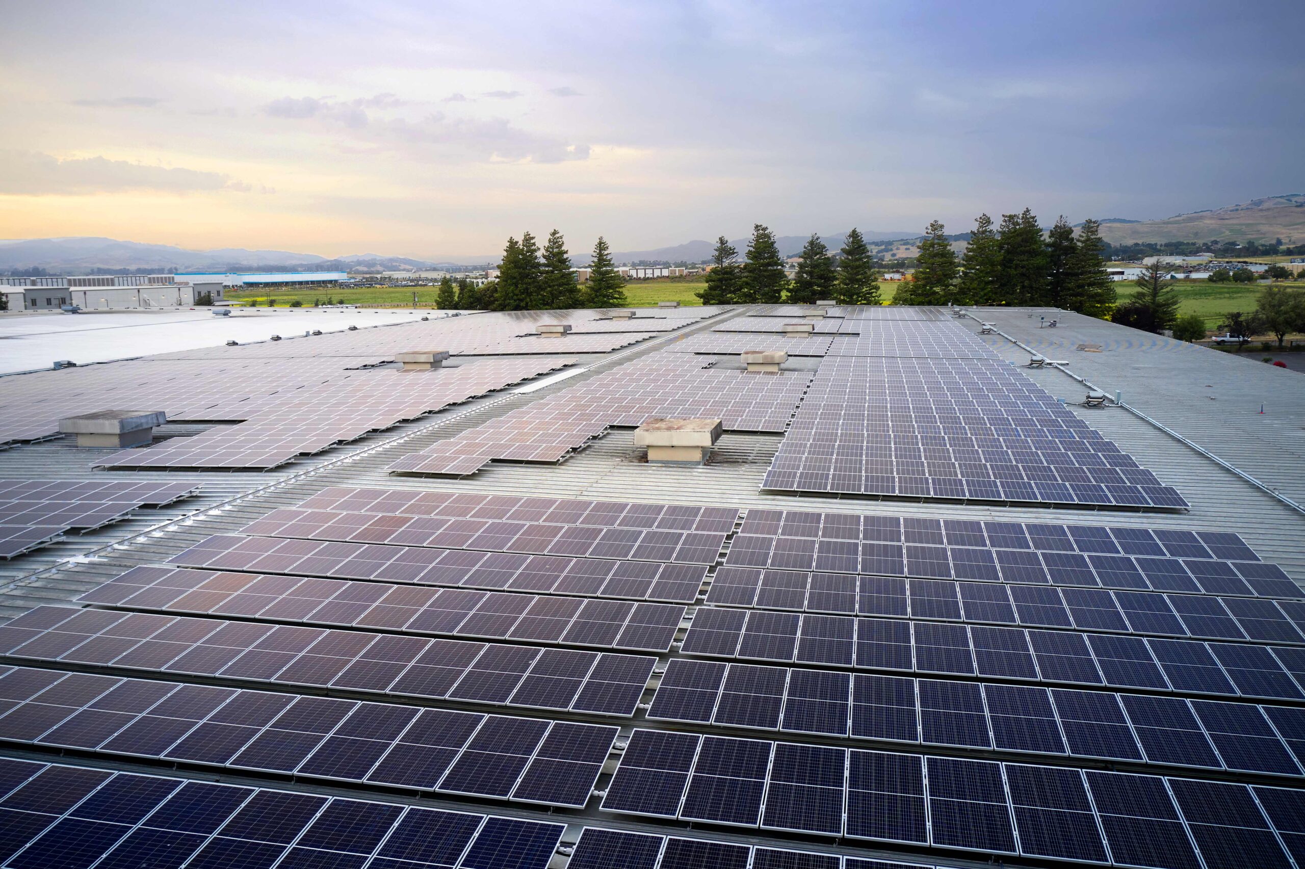 Color photo of solar panels on a roof with trees in the background.
