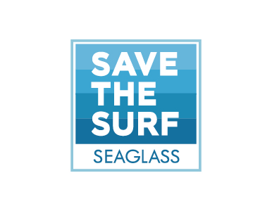 Blue and white logo image of the Save the Surf program and SEALGLASS wines.