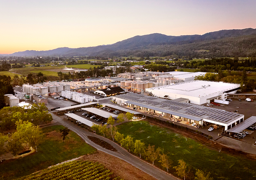 Color photo of an aerial view of the production facility at Main Street in St. Helena, CA.