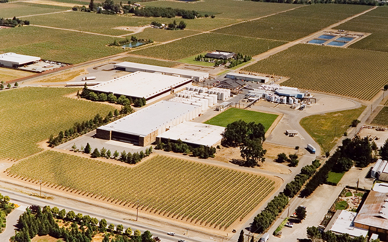 Aerial image of the production facility and vineyards on Main St in St. Helena, CA.